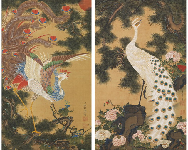 伊藤若冲「孔雀鳳凰図」(部分)江戸時代宝暦5年(1755)頃 重要美術品 岡田美術館像